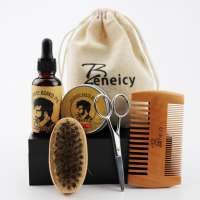 Beard care kit trimming boar bristle brush and comb set men beard grooming kit with growth oil